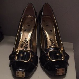 Black Patent Naughty Monkey Heels w/ Gold Hardware
